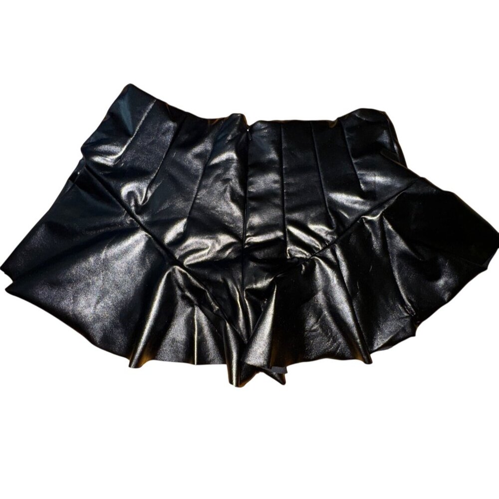 Sexy Black Faux Leather Pleated Skort Ruffle Punk Rock WhimsyGoth Shorts Vegan